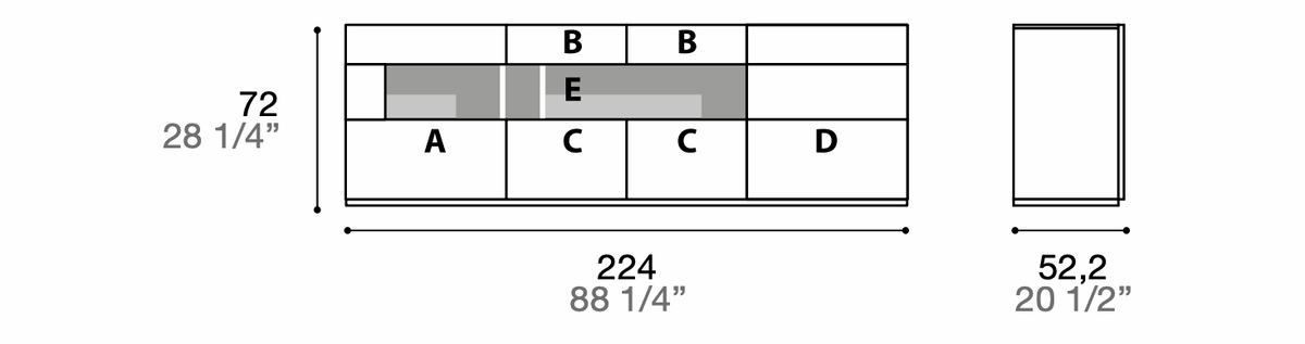 Manufacturer technical diagram of Alf DaFrè Metropolis PSC555. Diagram shows this composition, not a finish photograph.