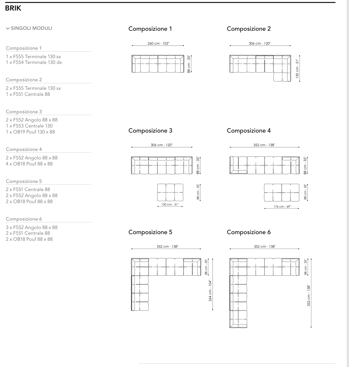 Bonaldo Brik — Ready Sofa Composition — manufacturer numbered layouts, dimensions and included components