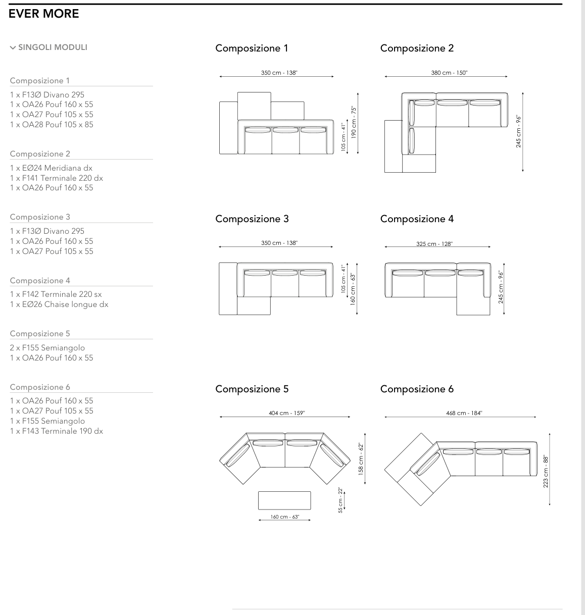 Bonaldo Ever More — Ready Sofa Composition — manufacturer numbered layouts, dimensions and included components