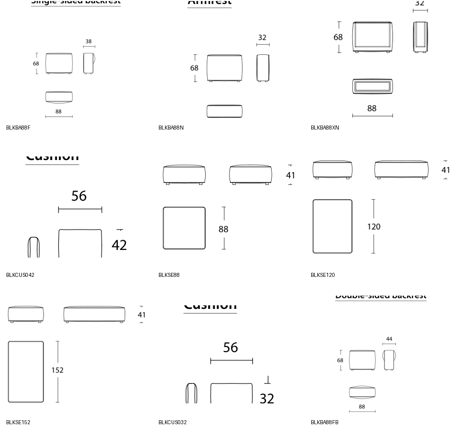 Bontempi Blake Sofa Component — manufacturer catalogue drawings with article references