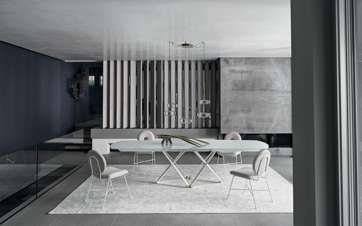 Bontempi Delta Dining Table — manufacturer photograph; DELTA_53-28M306_M325_C150_PENELOPE_34-04M306_TLU01_TVT12_SPARK_56-29M352_V001