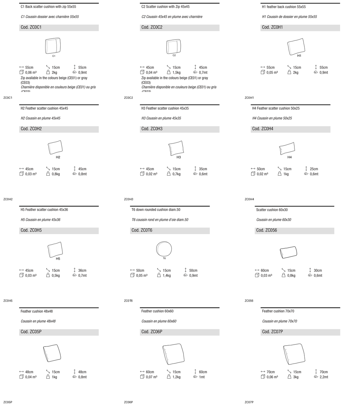 Ditre Italia Indoor cushions with down padding — manufacturer article drawings and dimensions