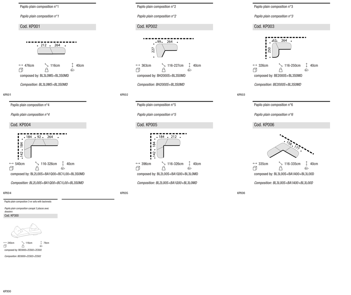 Ditre Italia Papilo PLAIN suggested compositions — manufacturer article drawings and dimensions