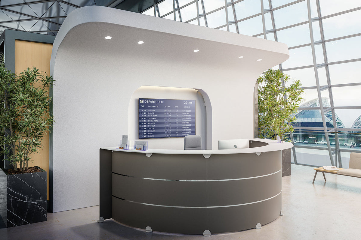 Quadrifoglio Reception Glass 120° reception configuration with RH low counter - glass countertop