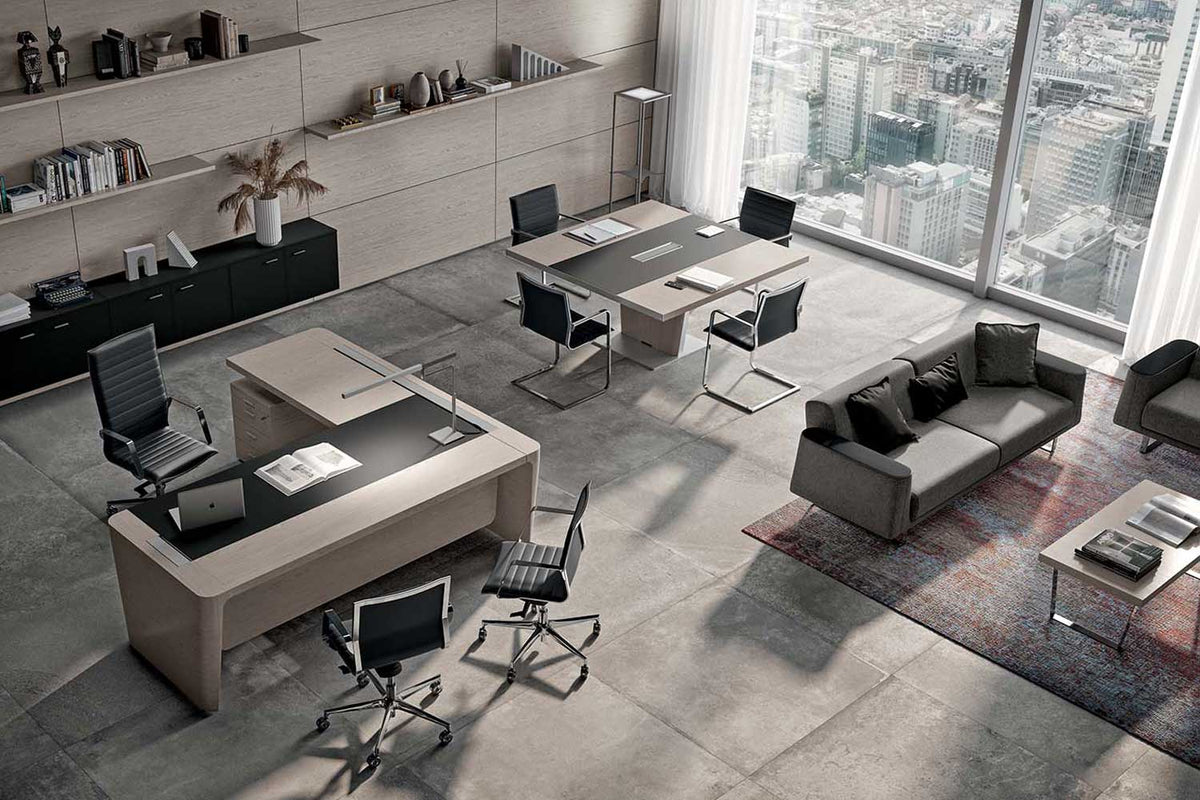Quadrifoglio X10 Wood veneer desk with RH/LH return unit and supporting pedestal