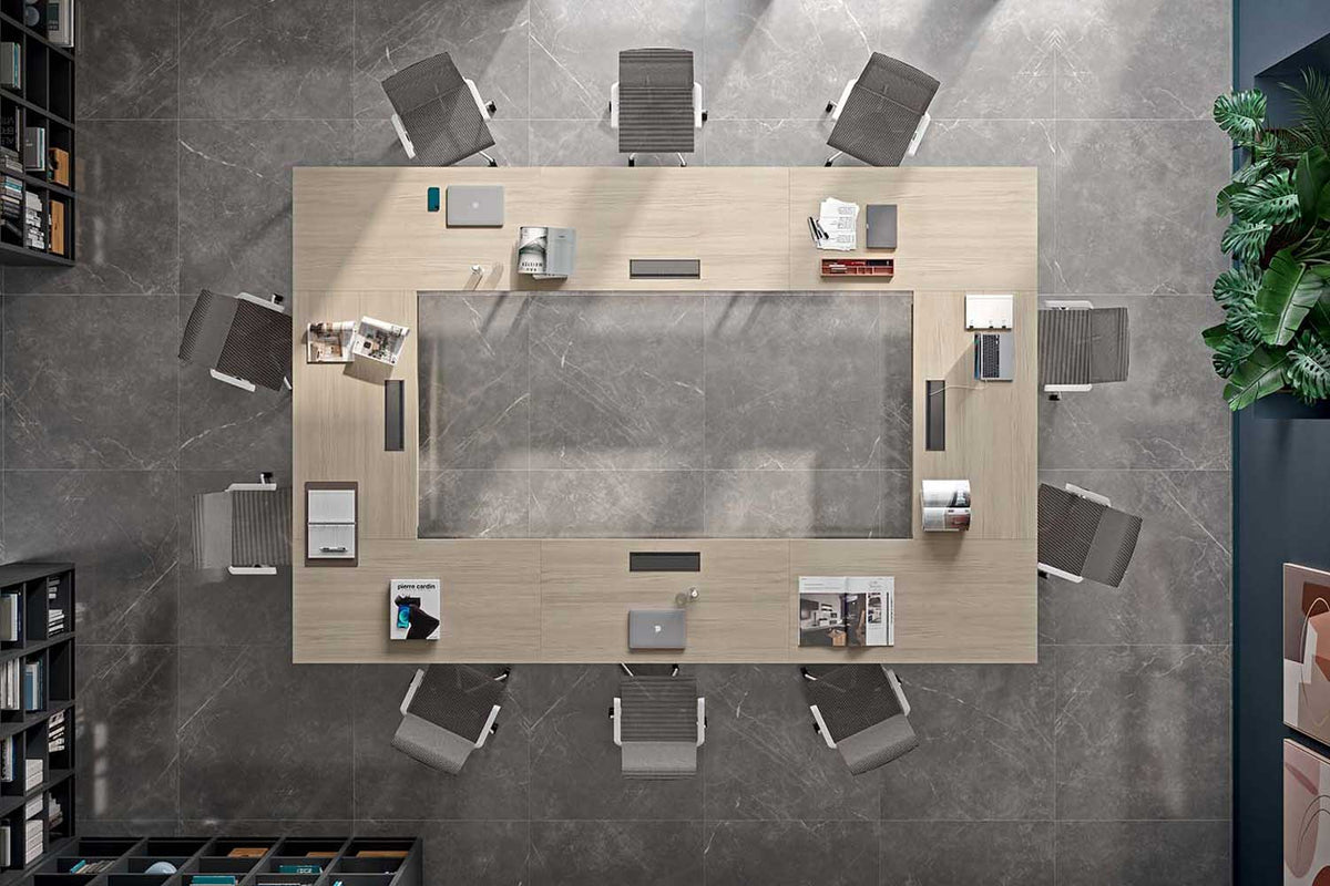 Quadrifoglio Idea+ 01 4-person bench with 80cm deep tops and integrated desk high cabinets