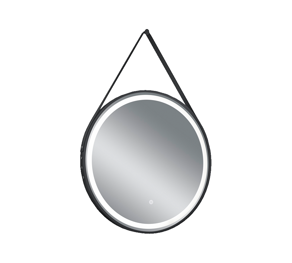 Fine mirror 60 cm with LED-light and leather strap black IP44