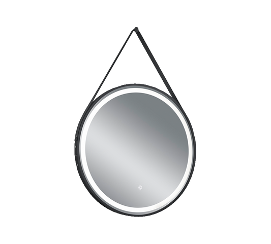 Fine mirror 60 cm with LED-light and leather strap black IP44