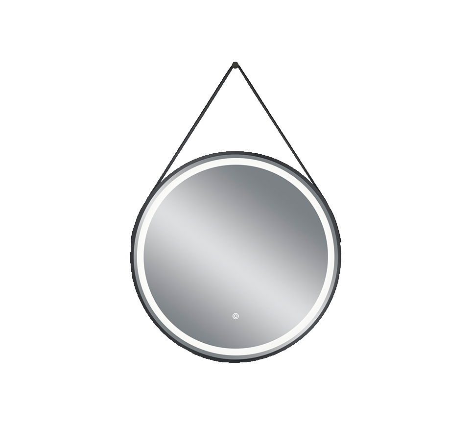 Fine mirror 60 cm with LED-light and leather strap black IP44