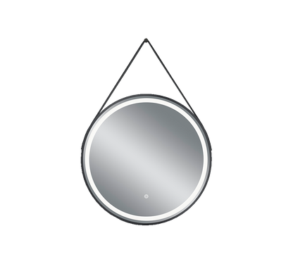 Fine mirror 60 cm with LED-light and leather strap black IP44