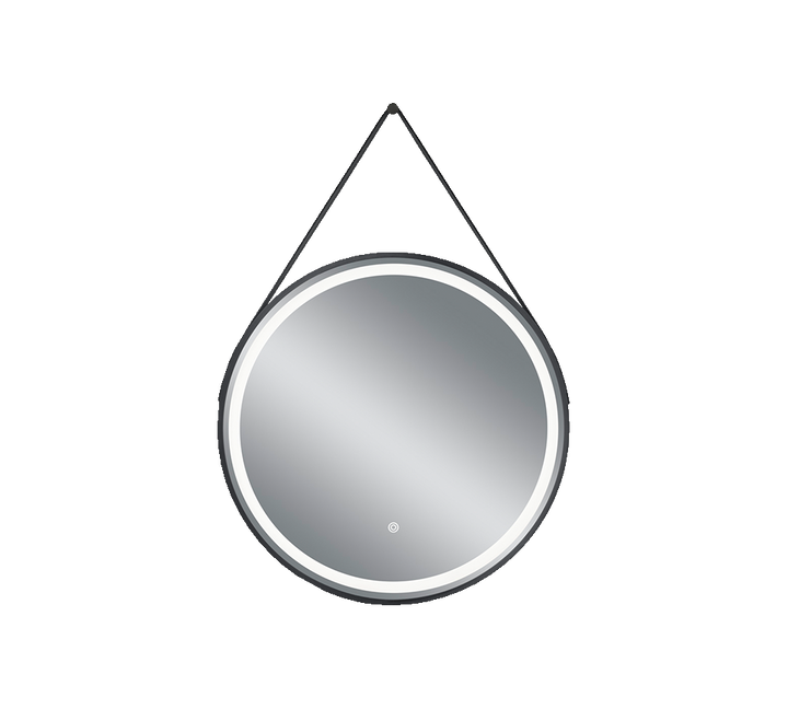 Fine mirror 60 cm with LED-light and leather strap black IP44