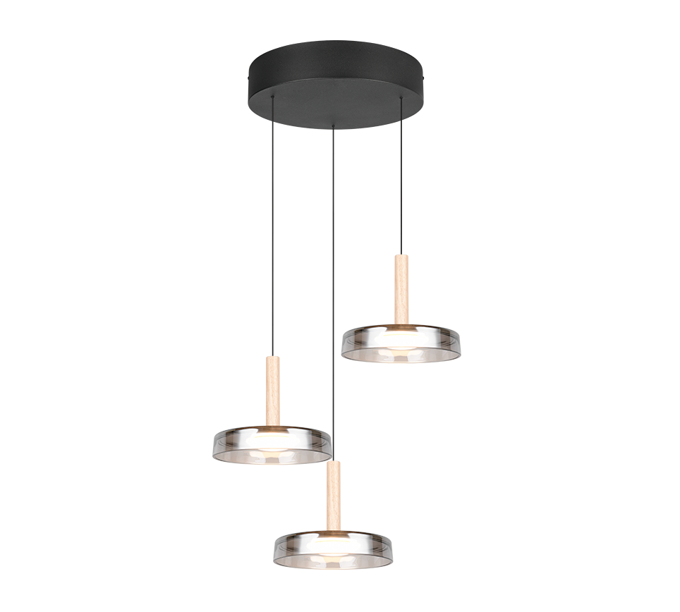 Celeste LED pendant 3-pc matt black/chrome plated/wood — 354930332