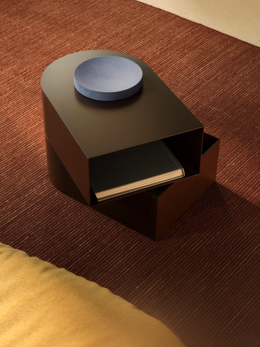 Bolzan Abside low bedside table in RAL 8019 Grey-brown; styling objects not included.