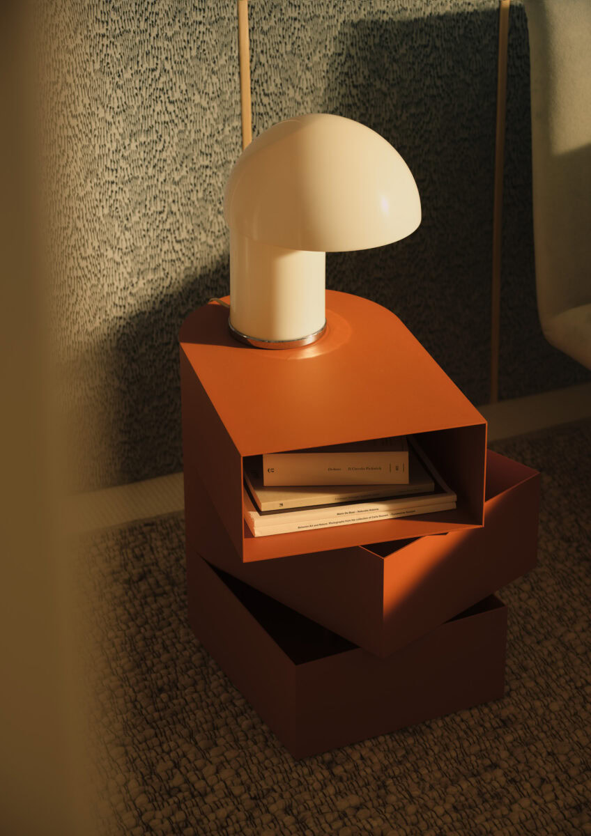 Bolzan Abside tall bedside table in RAL 8023 Brown-orange; lamp and books not included.