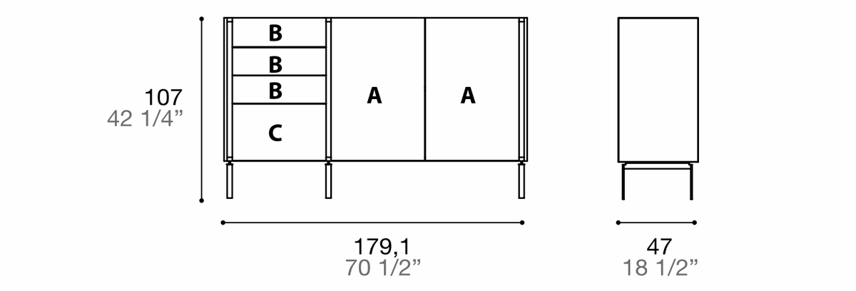 Manufacturer dimensioned technical diagram of Alf DaFrè Da-do giorno PSD599. Diagram is not a finish photograph.