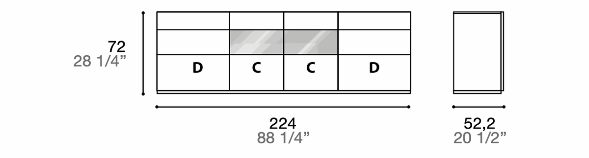 Manufacturer technical diagram of Alf DaFrè Metropolis PSC560. Diagram shows this composition, not a finish photograph.