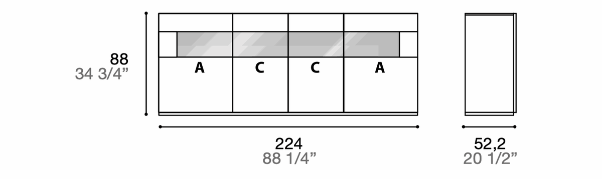 Manufacturer technical diagram of Alf DaFrè Metropolis PSC565. Diagram shows this composition, not a finish photograph.