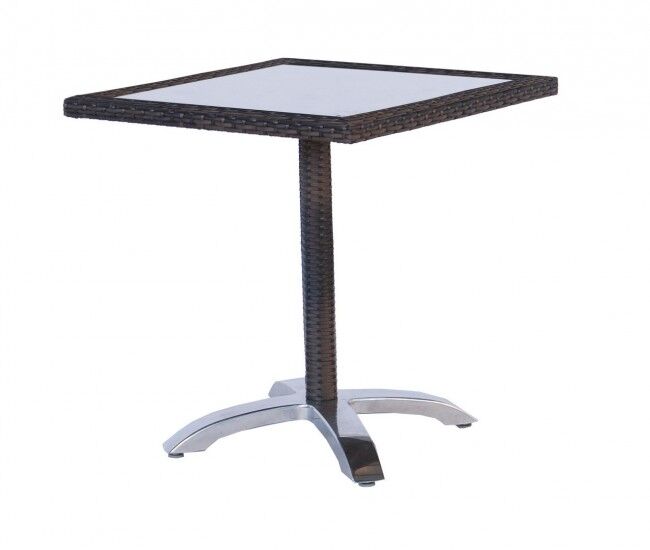 Bizzotto Six square table 70 × 70 cm, article 3660318, coffee brown woven top with glass and aluminium four-star base