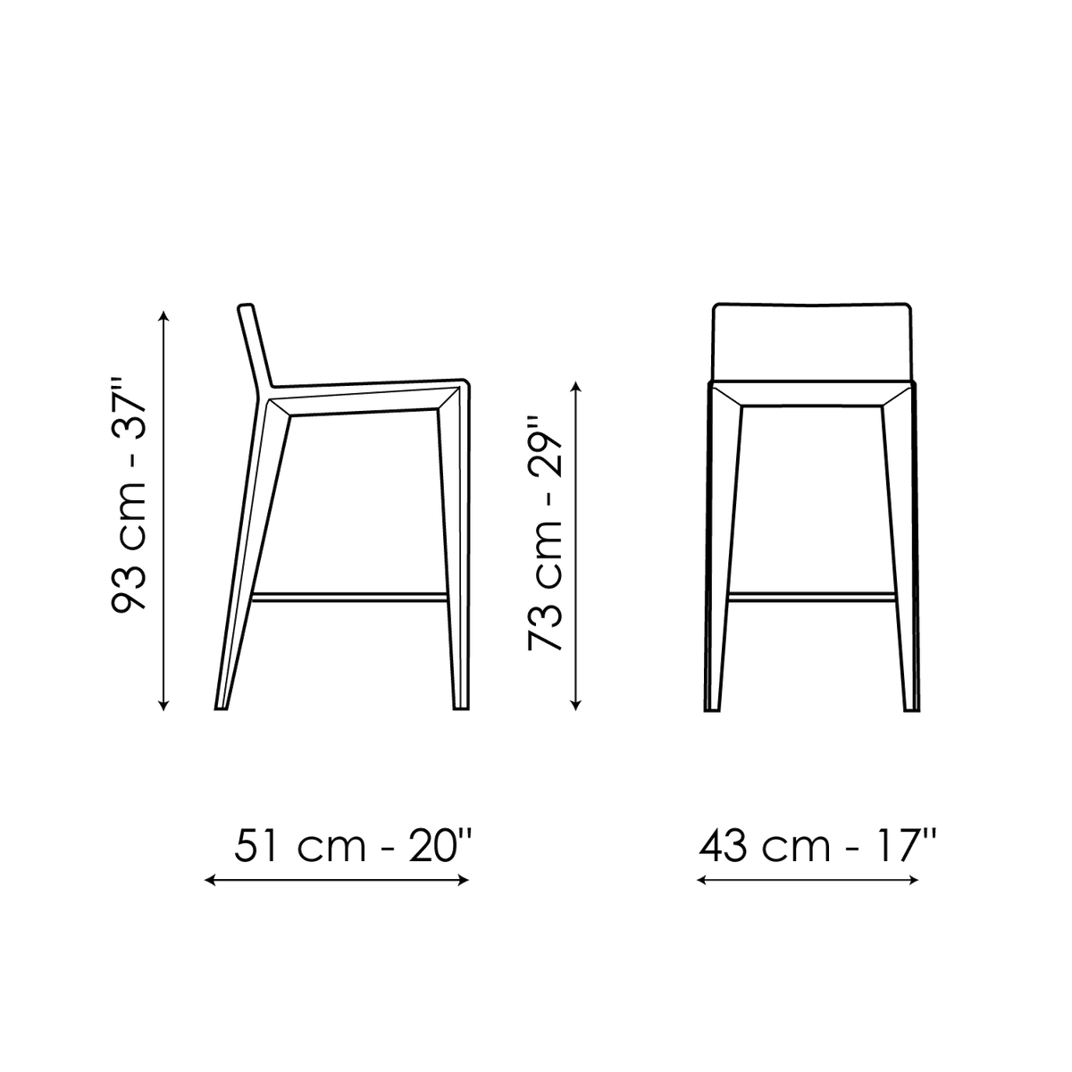 Bonaldo Filly too H 73 Upholstered Legs Stool — manufacturer model and dimension drawing