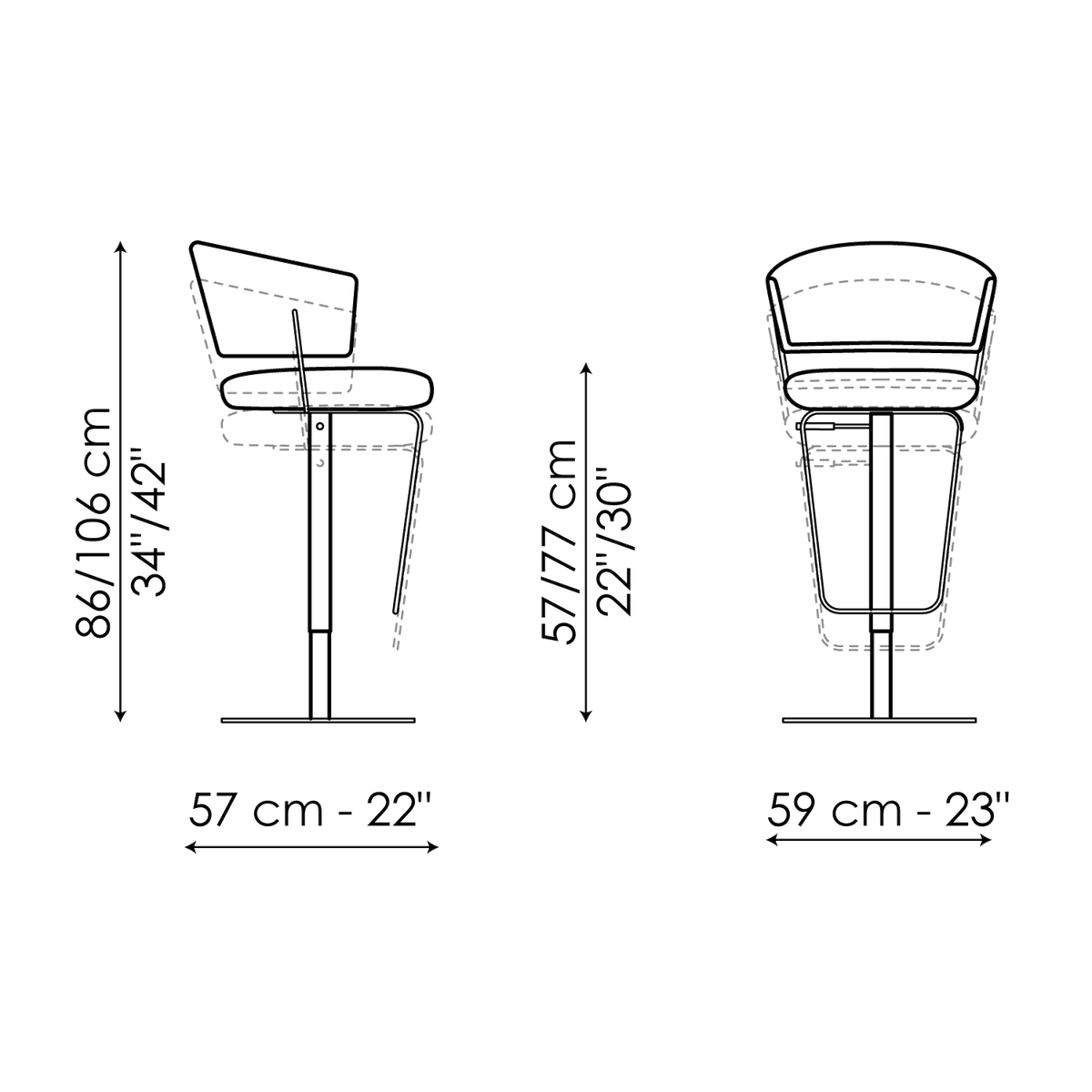 Bonaldo Bahia too H 57/77 Stool — manufacturer model and dimension drawing