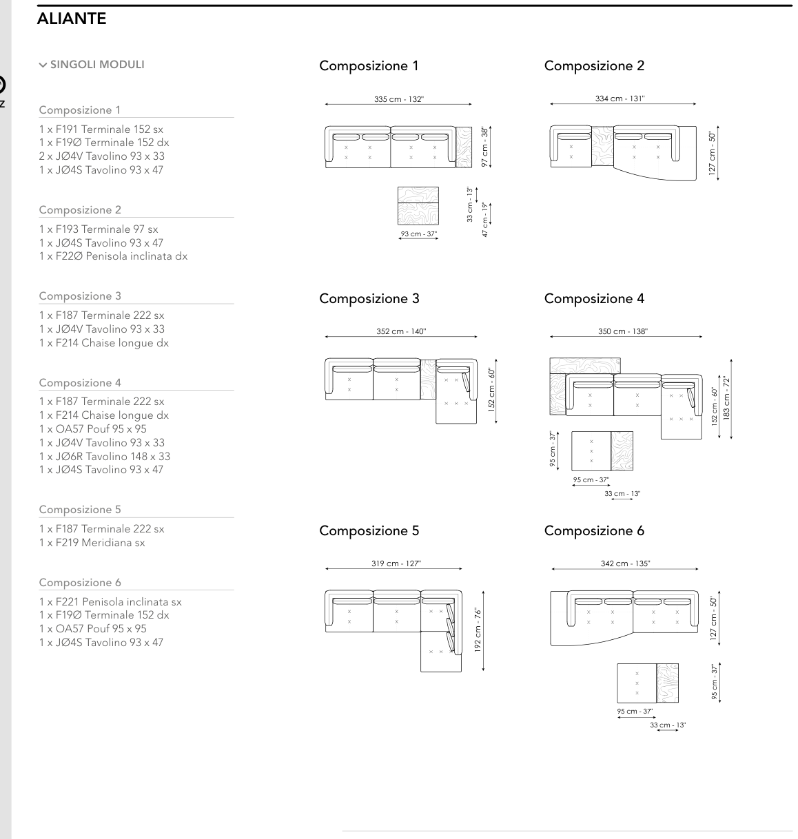 Bonaldo Aliante — Ready Sofa Composition — manufacturer numbered layouts, dimensions and included components