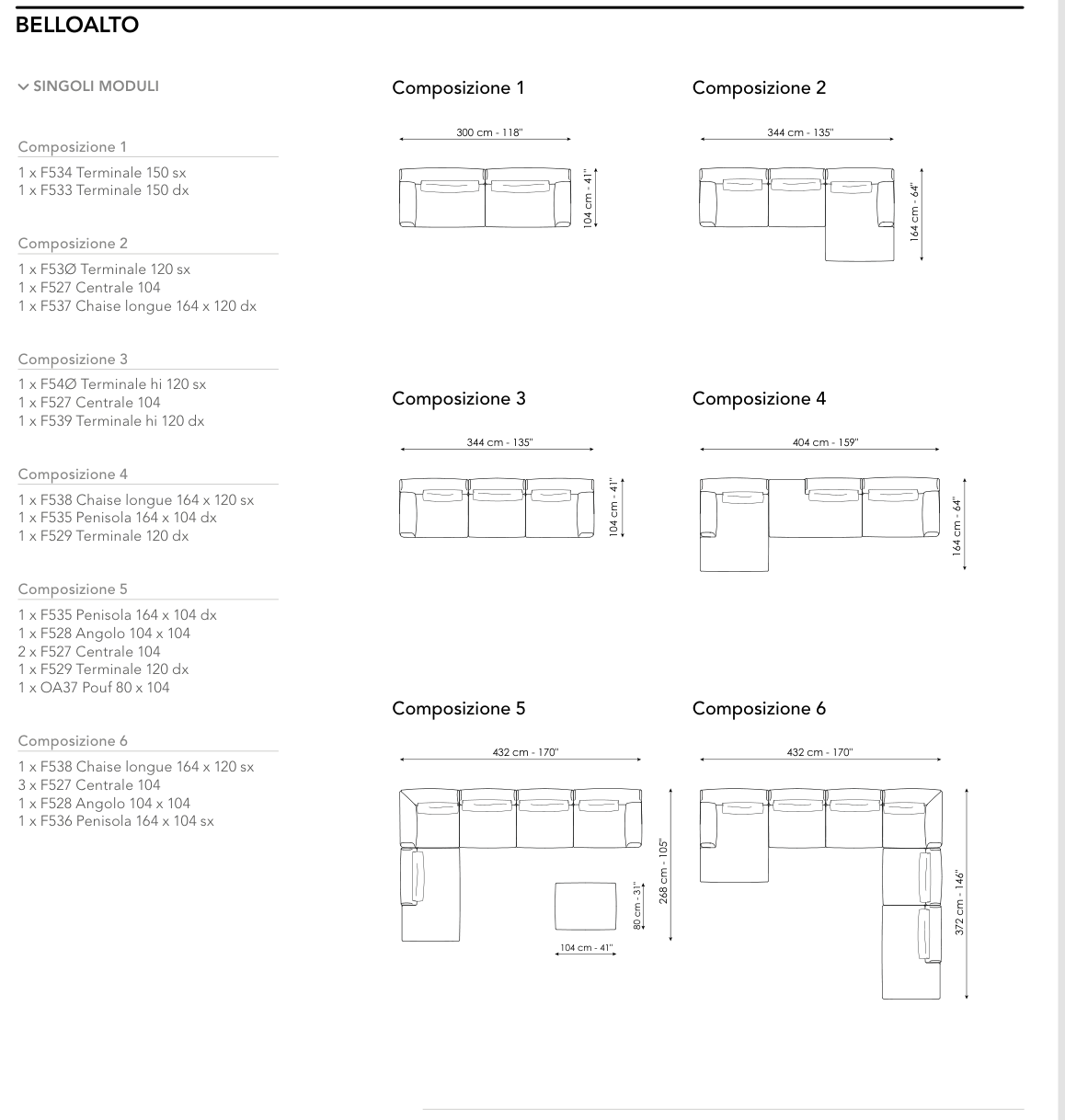 Bonaldo Belloalto — Ready Sofa Composition — manufacturer numbered layouts, dimensions and included components