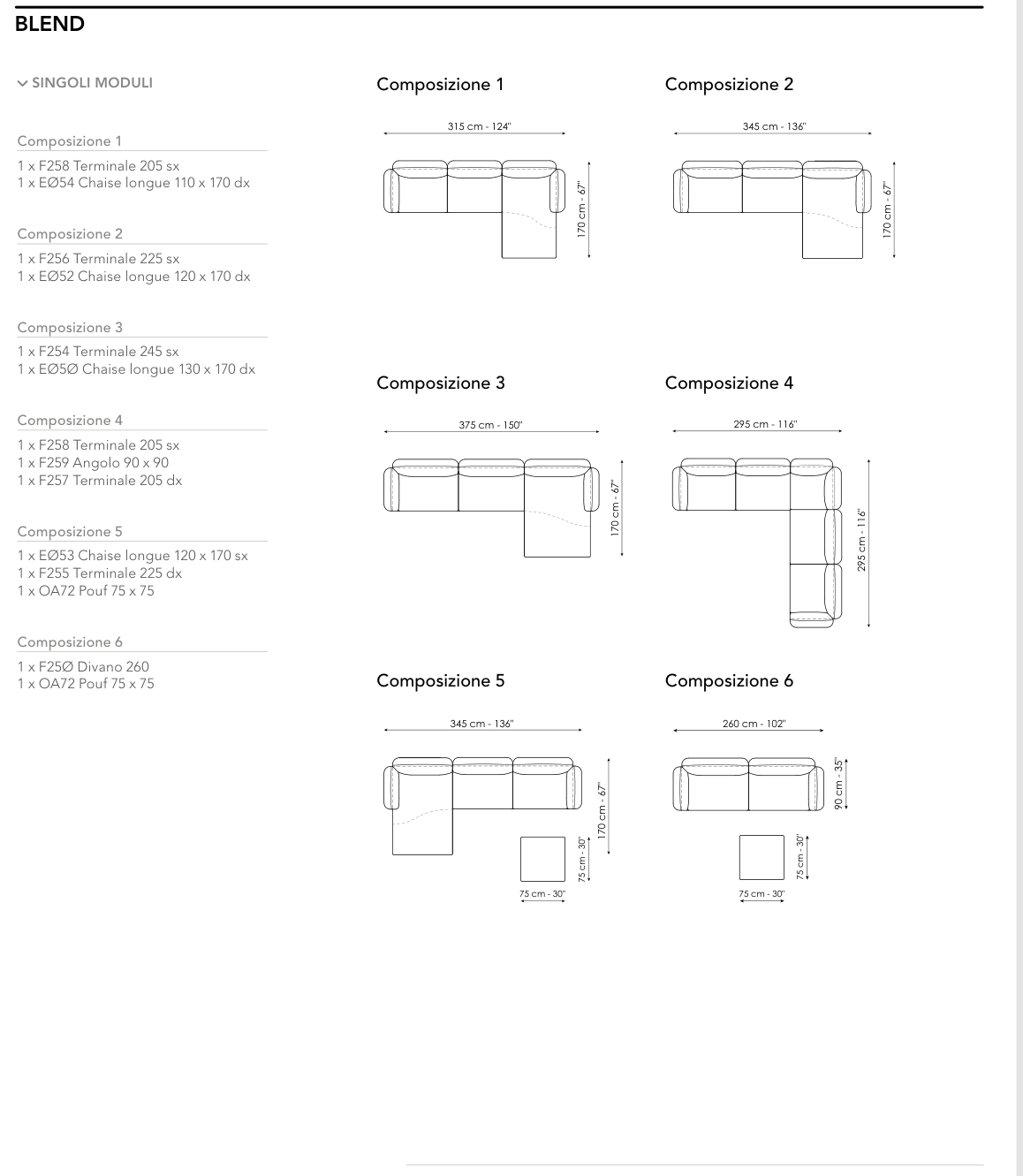 Bonaldo Blend — Ready Sofa Composition — manufacturer numbered layouts, dimensions and included components
