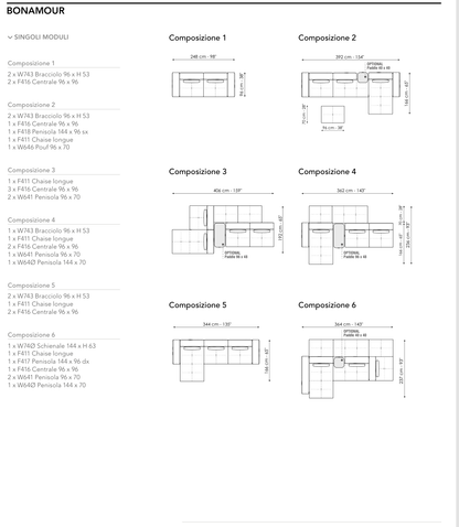Bonaldo Bonamour — Ready Sofa Composition — manufacturer numbered layouts, dimensions and included components