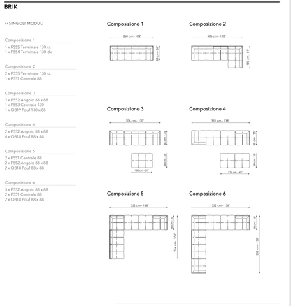 Bonaldo Brik — Ready Sofa Composition — manufacturer numbered layouts, dimensions and included components