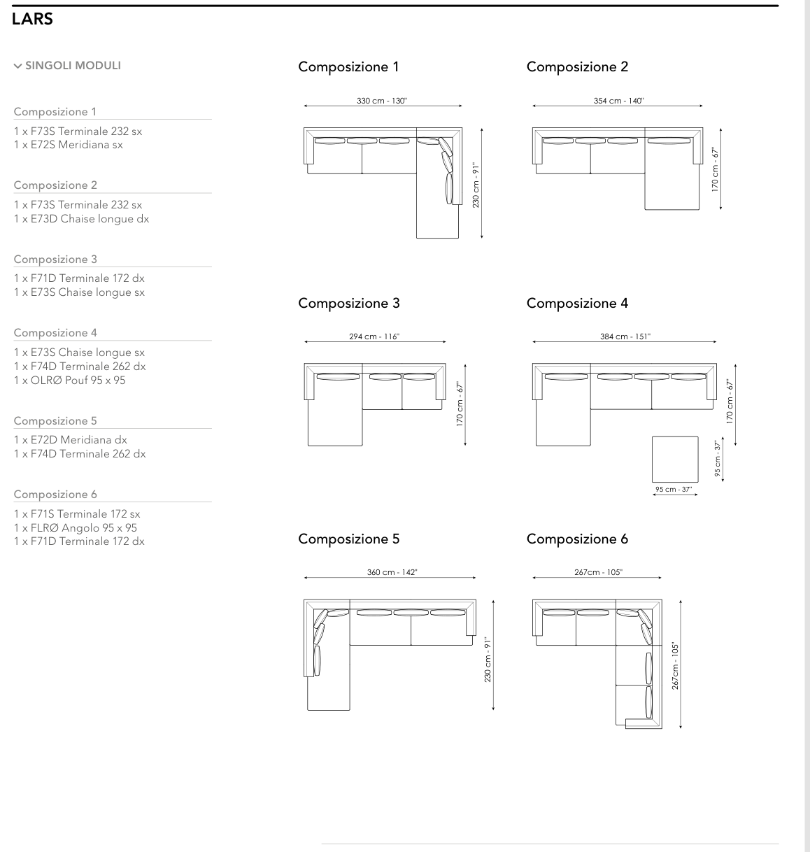 Bonaldo Lars — Ready Sofa Composition — manufacturer numbered layouts, dimensions and included components