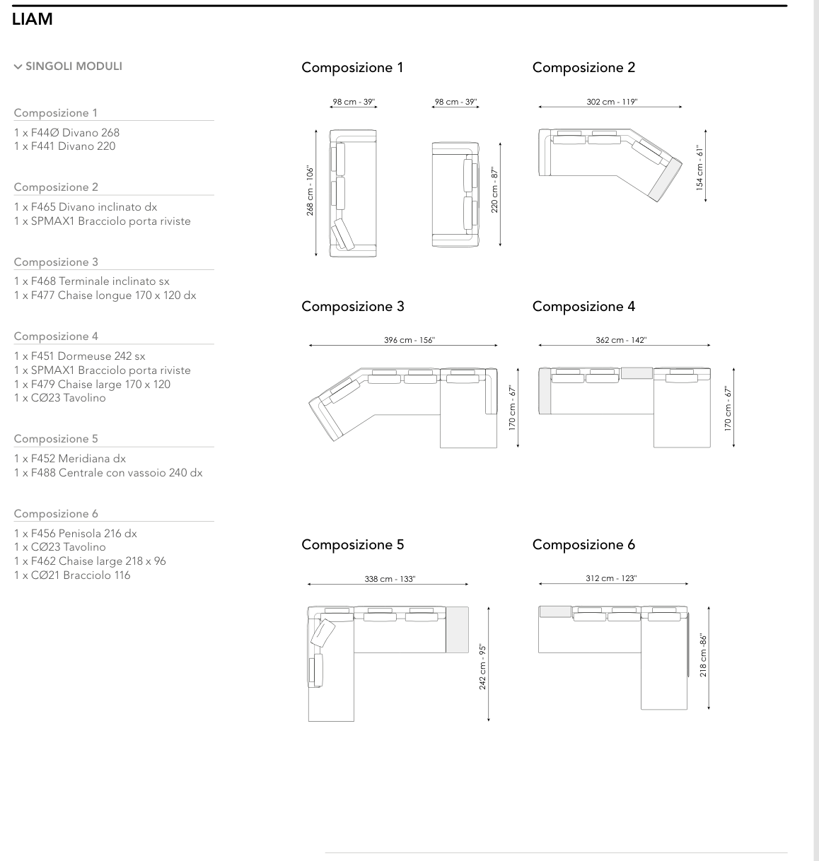 Bonaldo Liam — Ready Sofa Composition — manufacturer numbered layouts, dimensions and included components