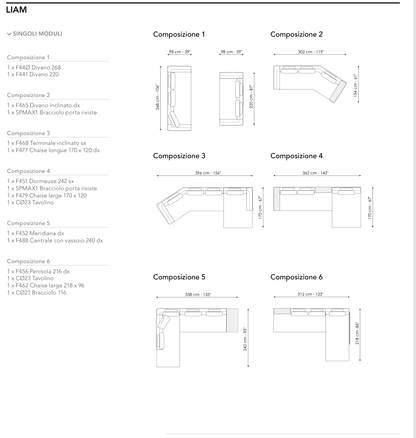 Bonaldo Liam — Ready Sofa Composition — manufacturer numbered layouts, dimensions and included components
