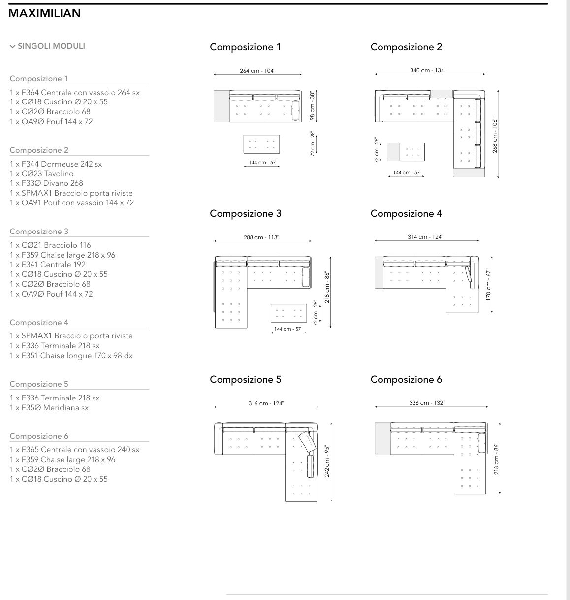 Bonaldo Maximilian — Ready Sofa Composition — manufacturer numbered layouts, dimensions and included components
