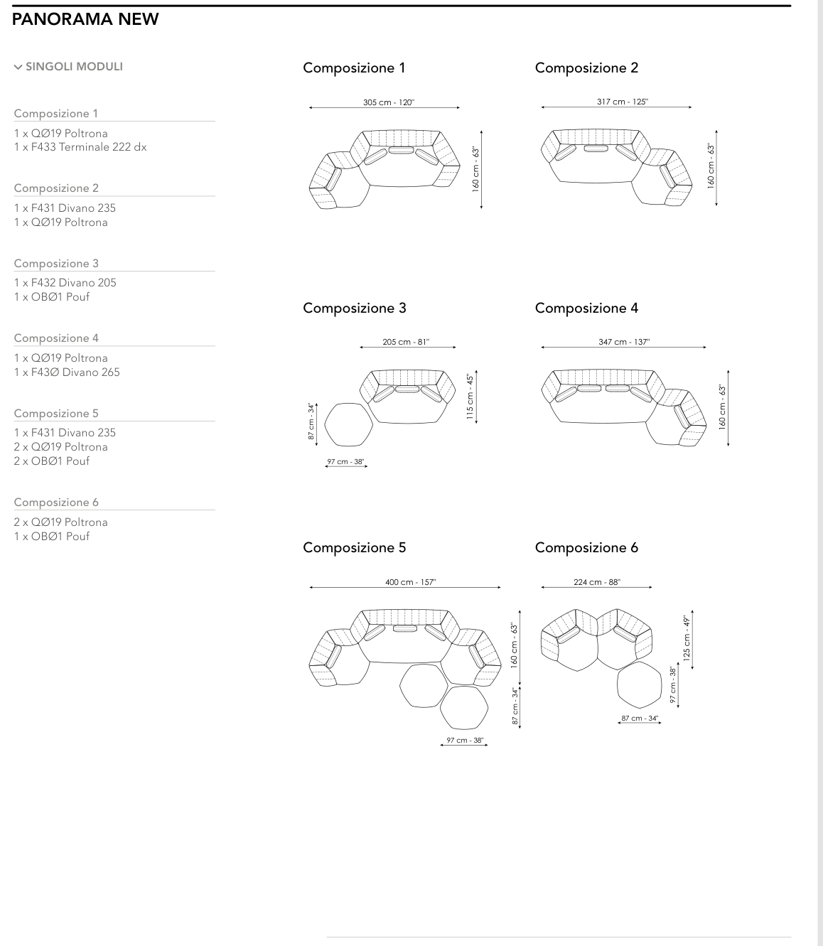 Bonaldo Panorama New — Ready Sofa Composition — manufacturer numbered layouts, dimensions and included components