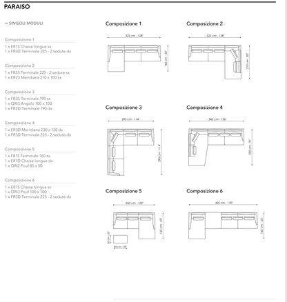Bonaldo Paraiso — Ready Sofa Composition — manufacturer numbered layouts, dimensions and included components