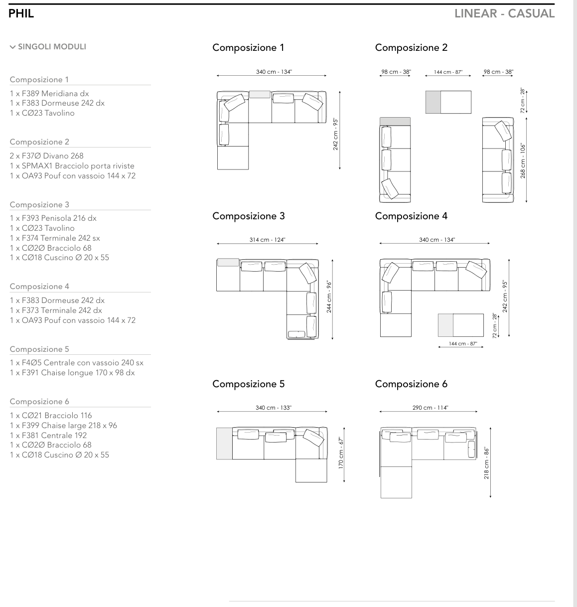 Bonaldo Phil — Ready Sofa Composition — manufacturer numbered layouts, dimensions and included components