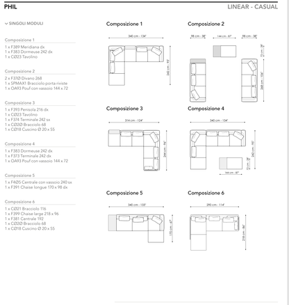 Bonaldo Phil — Ready Sofa Composition — manufacturer numbered layouts, dimensions and included components