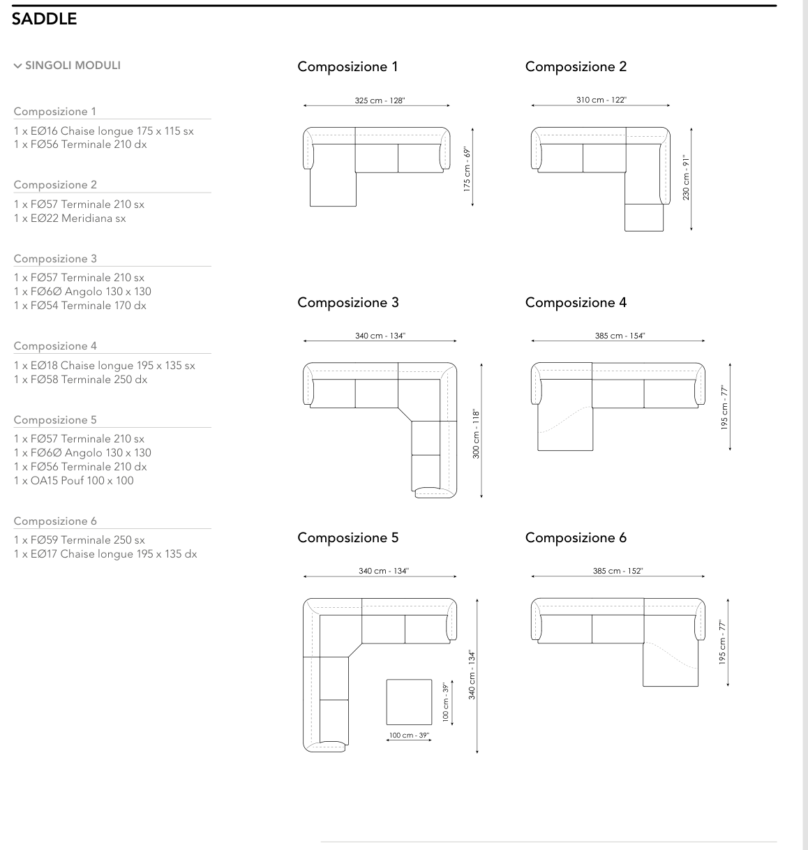 Bonaldo Saddle — Ready Sofa Composition — manufacturer numbered layouts, dimensions and included components