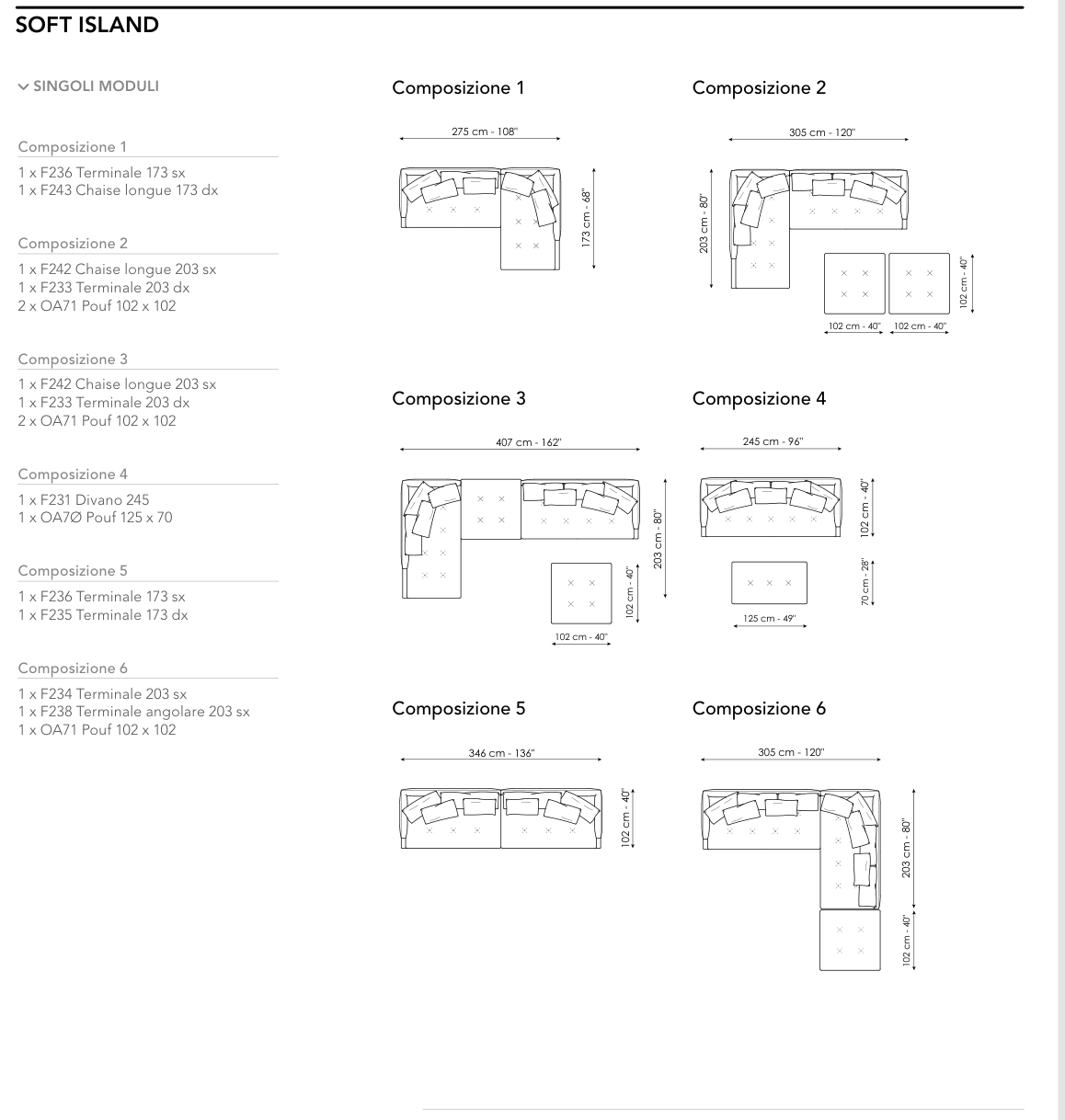 Bonaldo Soft Island — Ready Sofa Composition — manufacturer numbered layouts, dimensions and included components