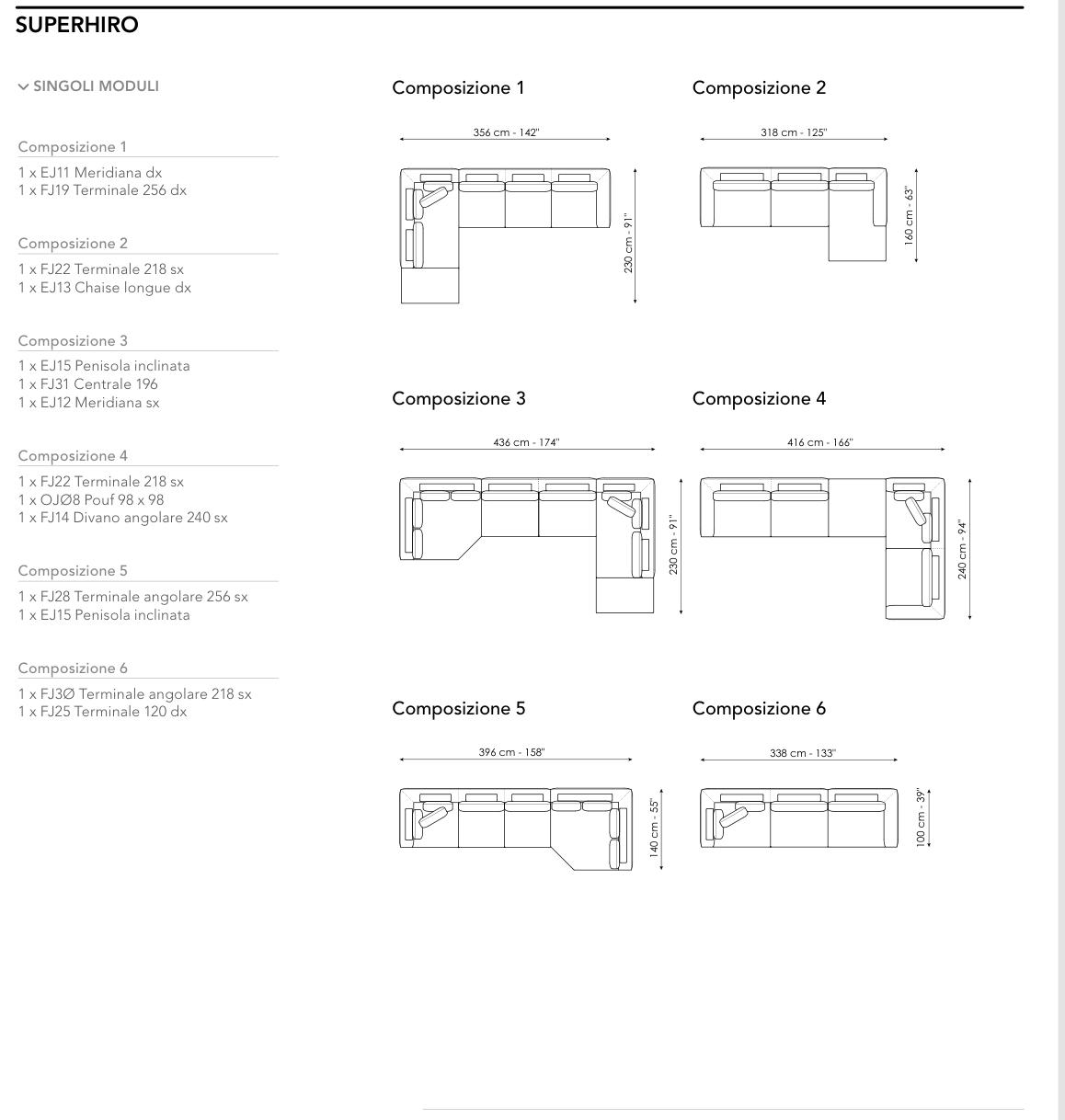Bonaldo Superhiro — Ready Sofa Composition — manufacturer numbered layouts, dimensions and included components