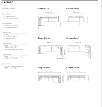 Bonaldo Superhiro — Ready Sofa Composition — manufacturer numbered layouts, dimensions and included components