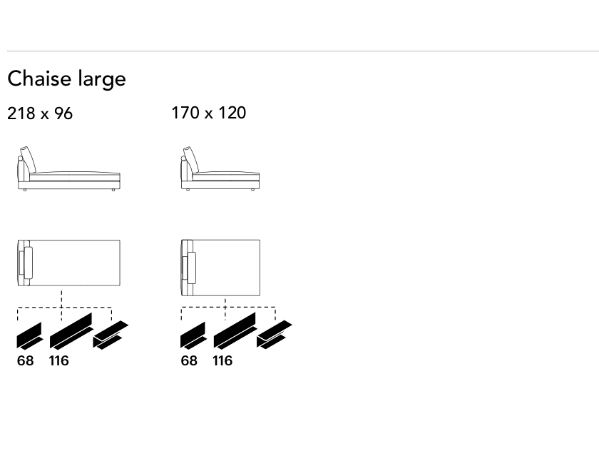 Bonaldo Liam — Wide Chaise Module — manufacturer component/size drawing