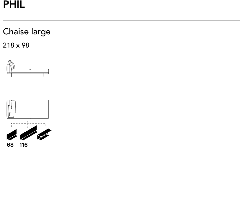 Bonaldo Phil — Wide Chaise Module — manufacturer component/size drawing