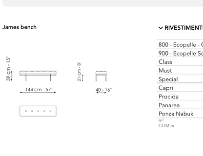 Bonaldo James Bench — Upholstered Bench — manufacturer component/size drawing