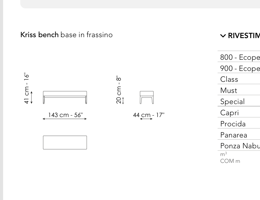 Bonaldo Kriss Bench — Upholstered Bench — manufacturer component/size drawing