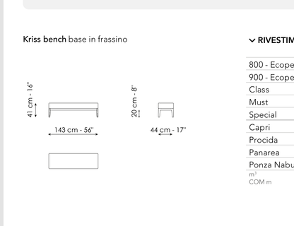 Bonaldo Kriss Bench — Upholstered Bench — manufacturer component/size drawing
