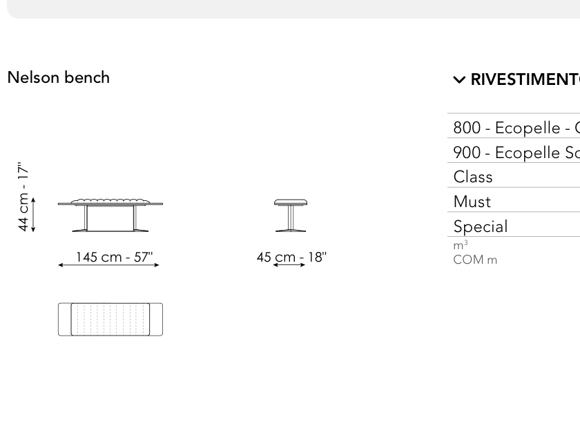 Bonaldo Nelson Bench — Upholstered Bench — manufacturer component/size drawing