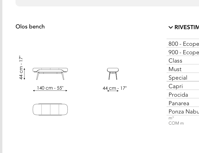 Bonaldo Olos Bench — Upholstered Bench — manufacturer component/size drawing