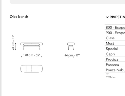 Bonaldo Olos Bench — Upholstered Bench — manufacturer component/size drawing