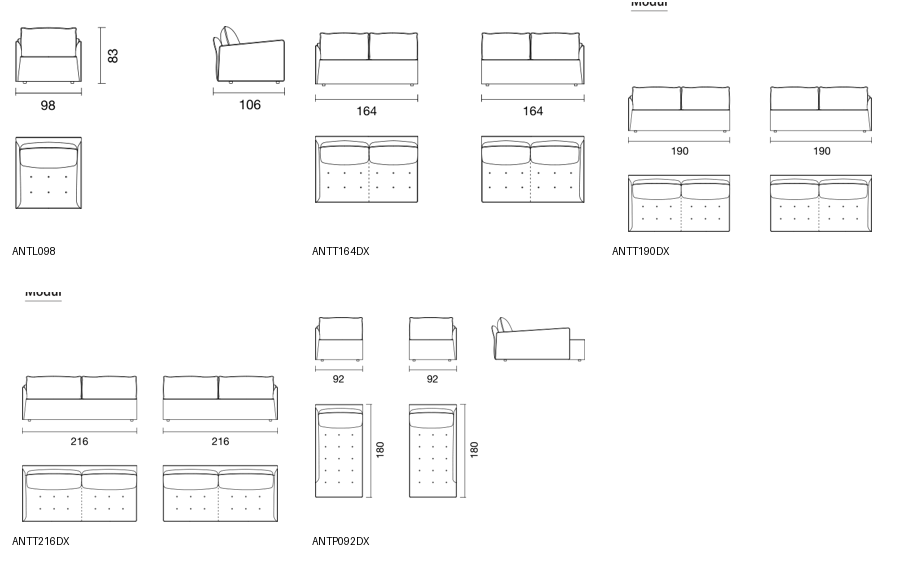 Bontempi Antares Seating Components and Armchair — manufacturer catalogue drawings with article references